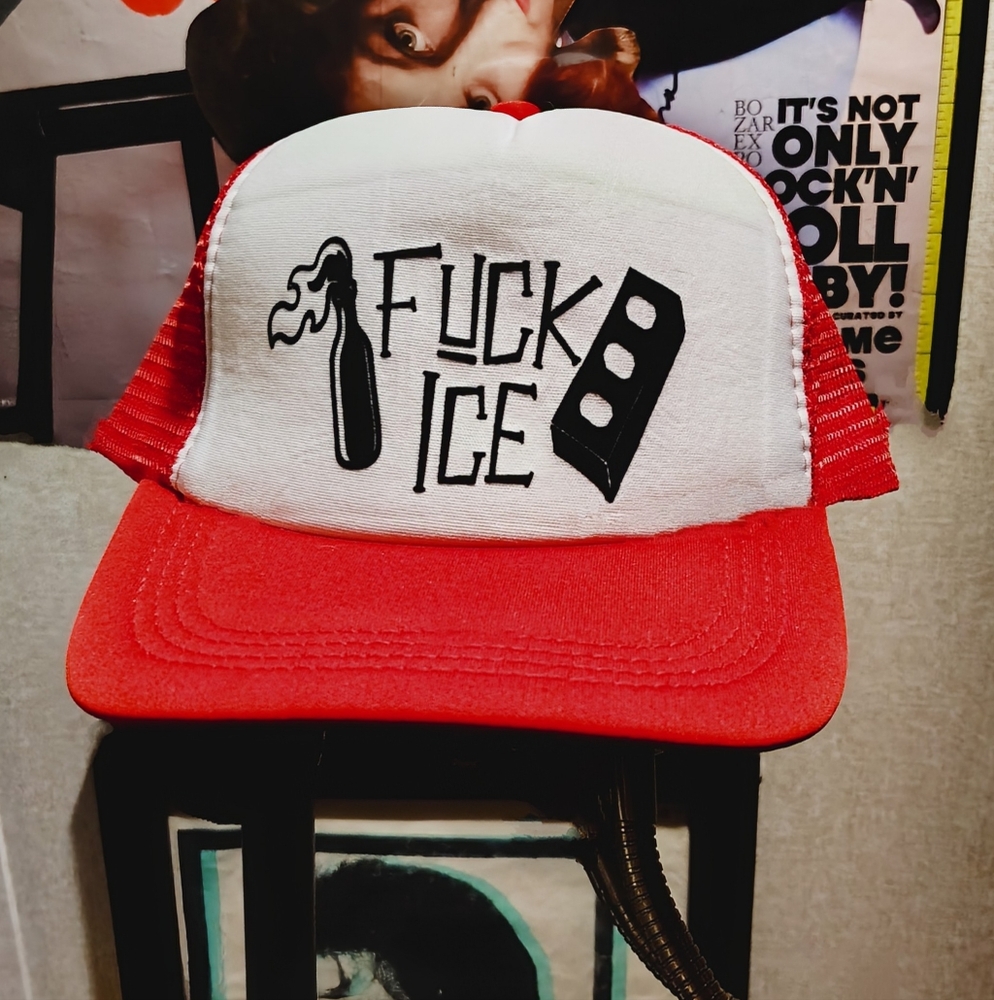 Anti-ICE Red and White Trucker Hat ANTI I.C.E. Baseball Cap